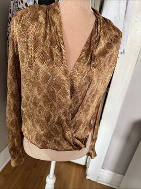 PAIGE Brown Snake-Print Wrap V-Neck Blouse